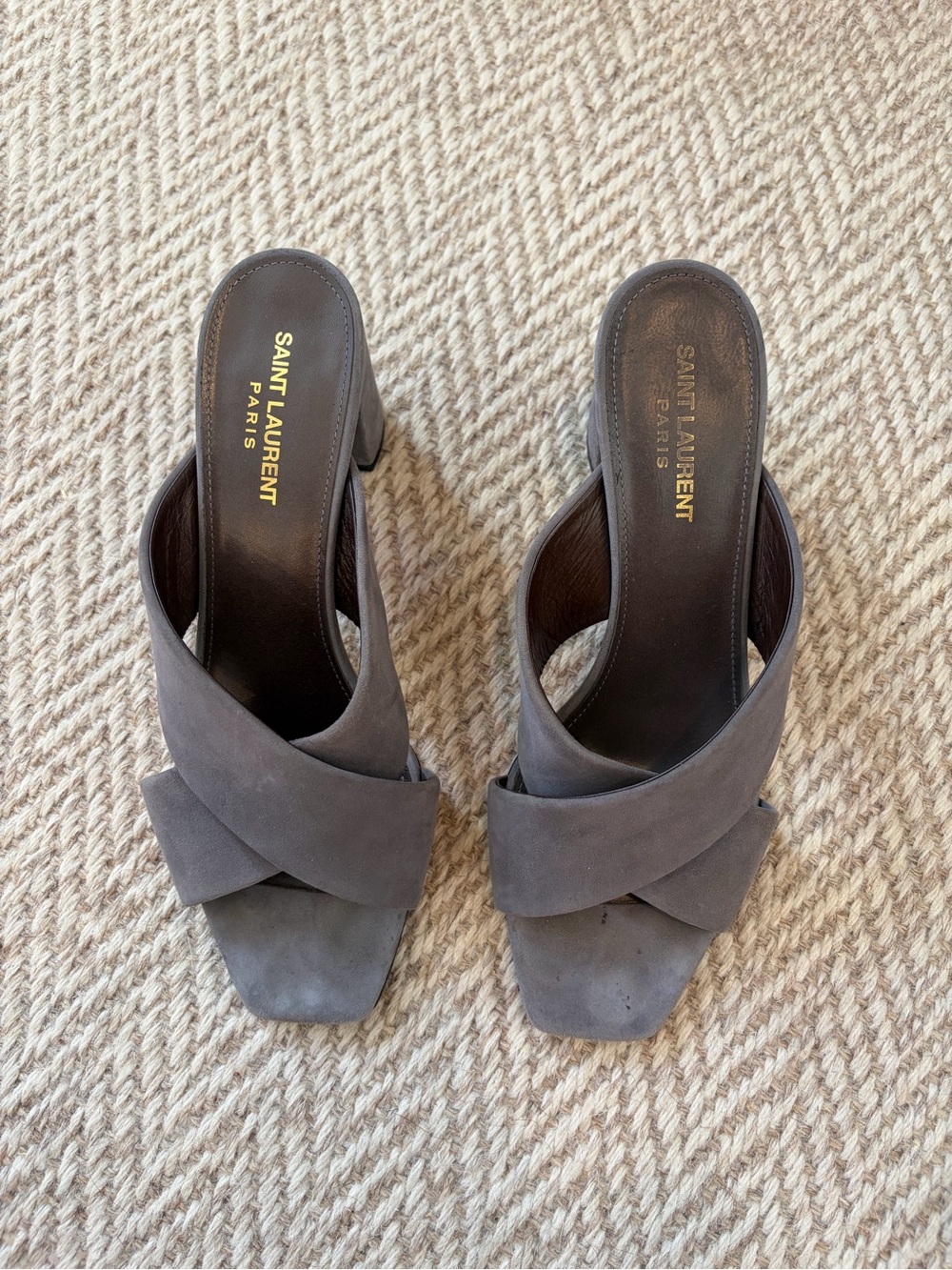 Like New! Saint Laurent Gray Suede Crisscross Mules | Size 40